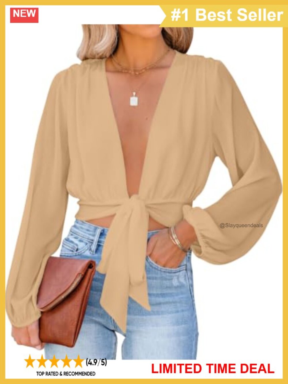 Women's Deep V Neck Wrap Crop Top Long Puff Sleeve Tie Front Blouse